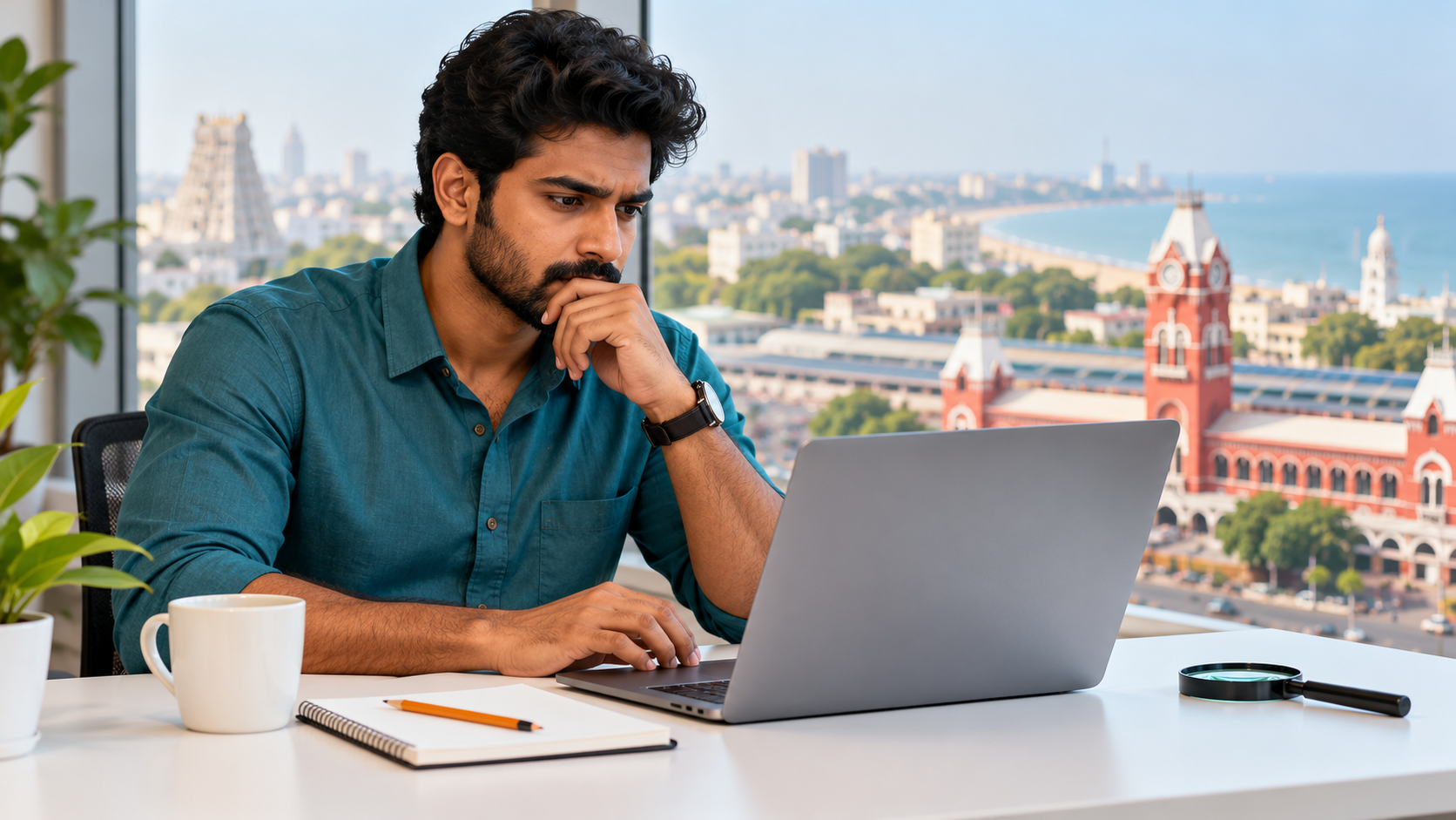Specialist inspecting a website and audit notes for a Chennai business
