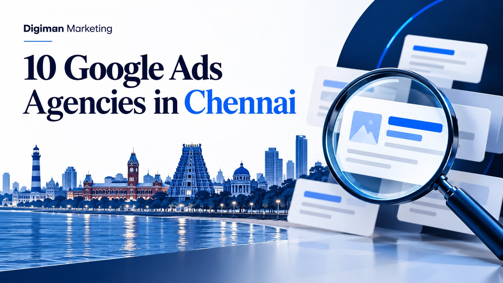 Illustration of Chennai skyline and advertising cards for the Digiman Marketing agency comparison